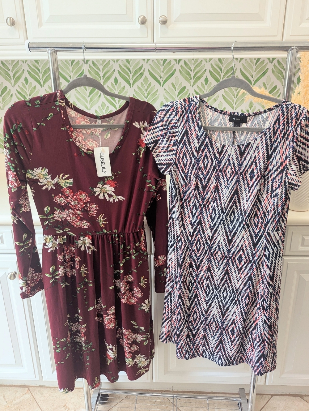 Burgundy Floral Long-Sleeve Dress/ Geometric Short-Sleeve Dress - Two Pack Large